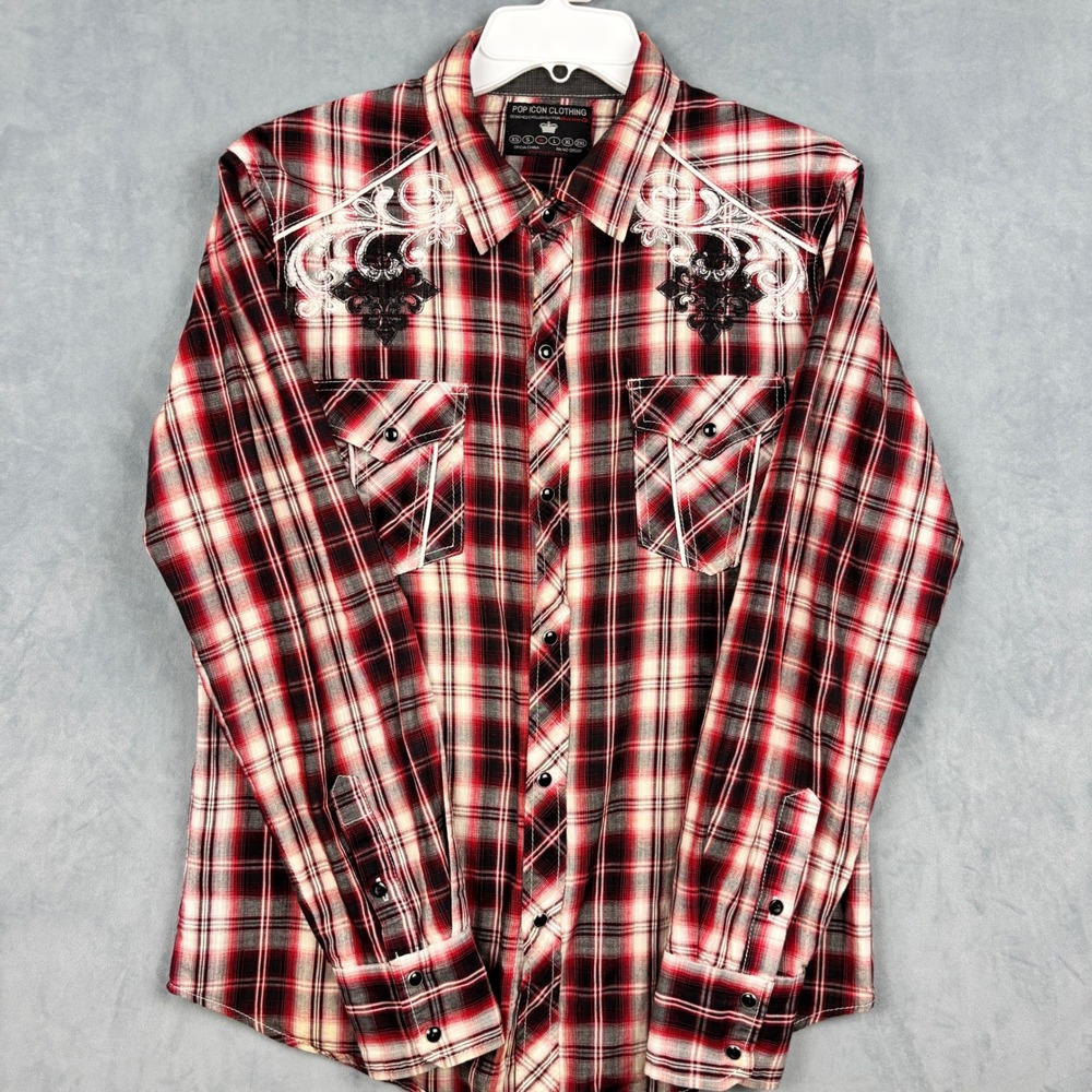 Pop Icon Clothing Buckle Mens Red Plaid Embroidered Western Snap Shirt Medium